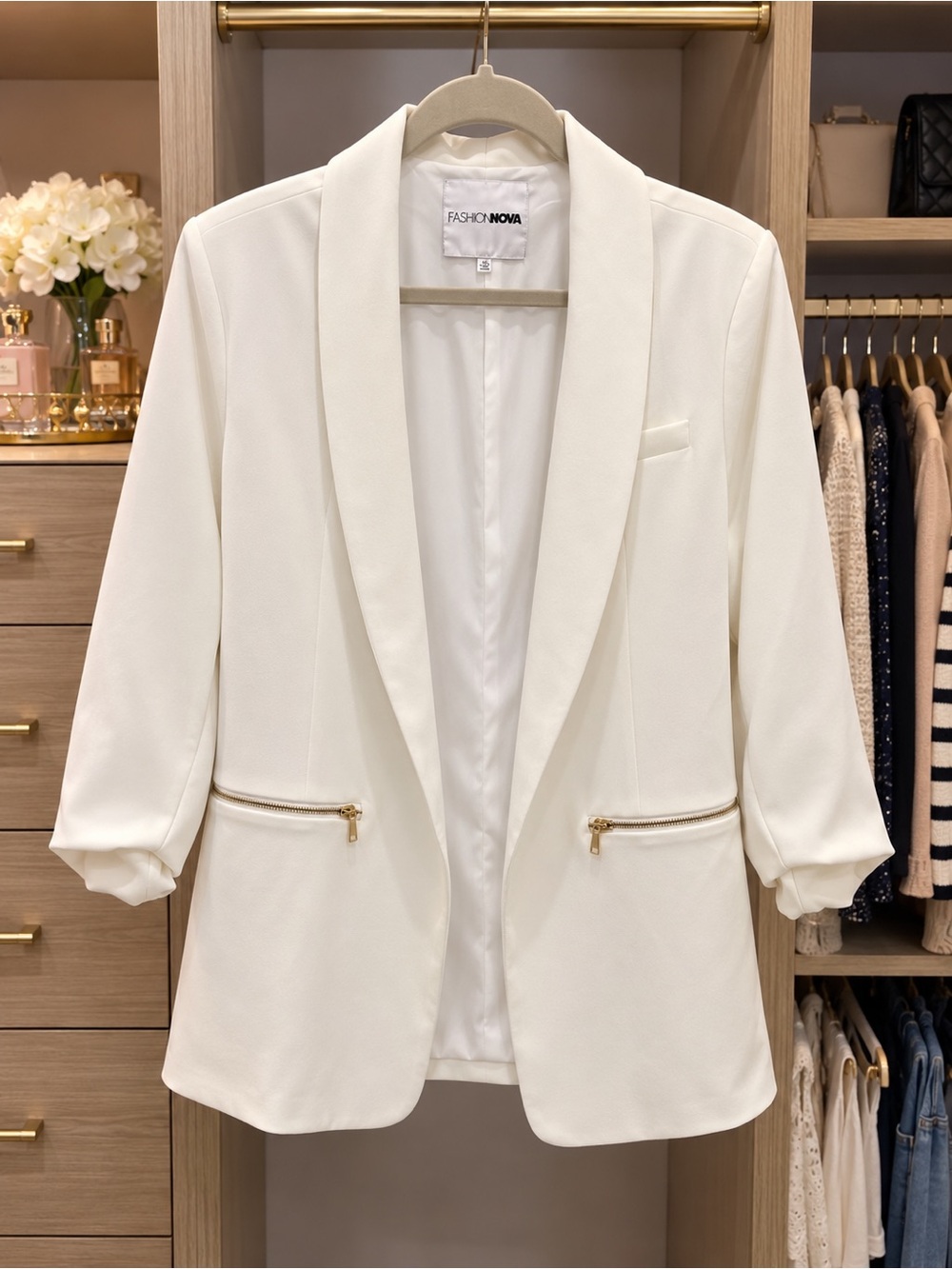 White Draped Shawl Collar Blazer with Gold Zips